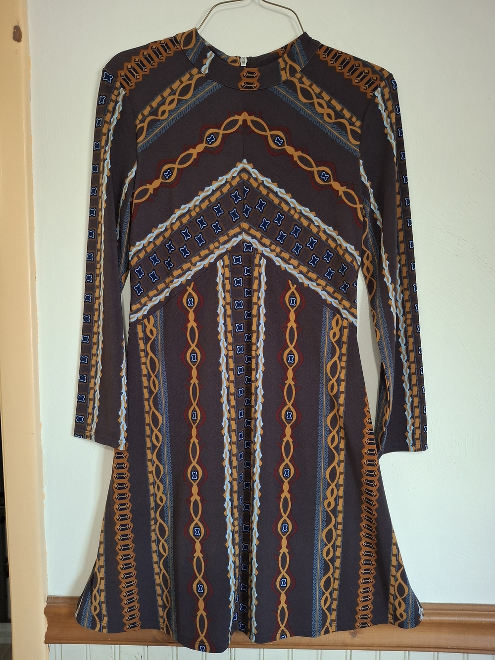 NWOT Free People Brown Geometric-Print Long Sleeve A-Line Dress